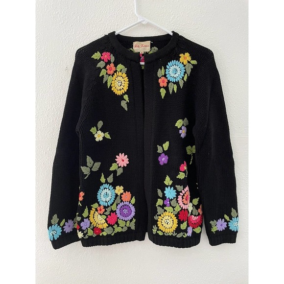 Vintage Sweater Cardigan Fully Fashioned Embroidered Spring Flowers Black Floral - Picture 1 of 6